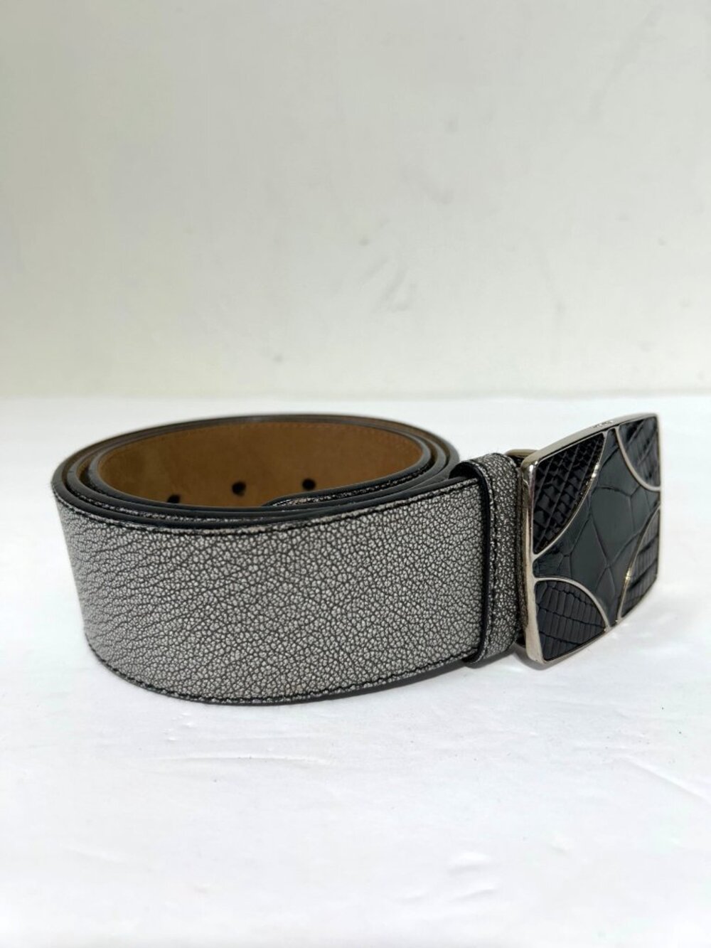 Prada Silver Mens Sz 38 Leather Belt With Black Embossed Buckle Made In Italy - Picture 2 of 11